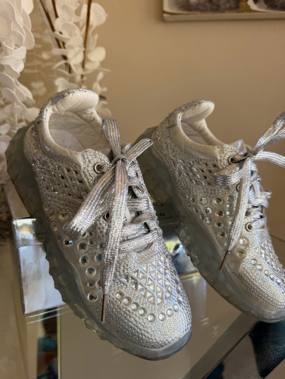 Silver Embellished Women's Fashion Sneakers - Metallic Crystal Detail